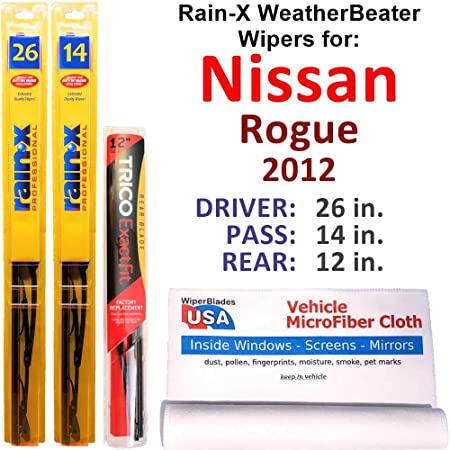 Rain-X WeatherBeater Wipers for 2012 Nissan Rogue Set w/Rear Rain-X WeatherBeater Conventional Blades Wipers Set Bundled with MicroFiber Interior Car Cloth