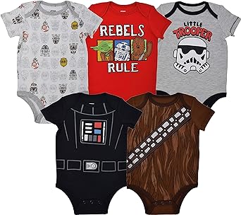 STAR WARS Chewbacca C-3PO R2-D2 Darth Vader Yoda 5 Pack Short Sleeve Bodysuits Newborn to Infant