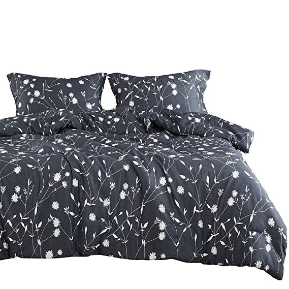 Wake In Cloud - Gray Comforter Set, 100% Cotton Fabric with Soft Microfiber Fill Bedding, White Floral Flowers and Tree Branches Leaves Pattern Printed on Dark Grey (3pcs, Queen Size)