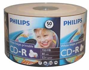 Philips 50-pack CD-R White Inkjet Non-Hub Printable 80 mins 700MB 52X Shrink-wrapped Spindle