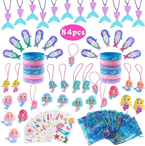 Mermaid Party Favors Supplies, 84Pcs Mermaid Tail Necklace Bracelet Ring Hair Clip Hair Tie Sticker Gift Bag Mermaid Gifts Accessories Set Birthday Party Favors for -Kids Girls