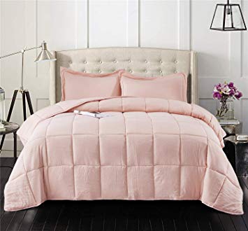 HIG 3pc Prewashed All Season Goose Down Alternative Comforter Duvet Insert -Quilted Comforter with Corner Tabs -Box Stitched -250GSM Fiberfill Shabby Chic Farmhouse Style Bedding(Salomon,King,Pink)