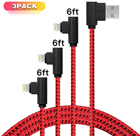 90 Degree 6FT 3 Pack iPhone Charger Cord Right Angle Fast Charging Data Cable Nylon Braided Compatible with iPhone Xs Max/XS/XR/7/7Plus/X/8/8Plus/6S/6S Plus/SE(red-Black)