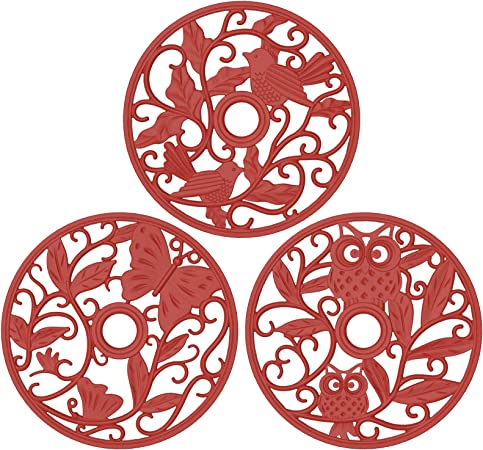 ME.FAN Silicone Trivet [3 Set] Trivet Mat - Fly Animals Hot Pads for Pots & Hot Dish - Insulated Flexible Durable Non Slip Large Coasters (Wine Red)