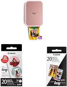 Canon Ivy 2 Mini Photo Printer, Blush Pink & Ivy Zink Pre-Cut Circle Sticker Paper, 20 Sheets & Zink Photo Paper Pack, 20 Sheets, White, 2" X 3".