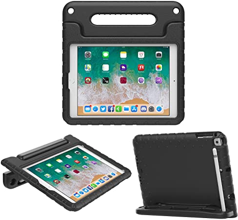 MoKo Case Fit 2018/2017 iPad 9.7 6th/5th Generation/iPad Air/iPad Air 2 Tablet - Kids Friendly Shock Proof Convertible Handle Light Weight Protective Stand Cover with Pencil Holder, Black