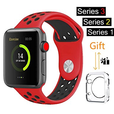 For Apple Watch Band, MOOLLY Soft Silicone Replacement iWatch Band Sport Wrist Strap for Apple Watch Band Series 3 Series 2 Series 1 Sport& Edition (LK38MM-Red/Black)