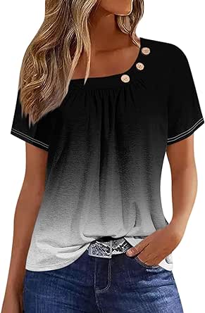 2024 Short Sleeve Tops for Women Summer Dressy Crew Neck Buttons Decor Shirts Casual Pleated Solid Work Tunic Tops