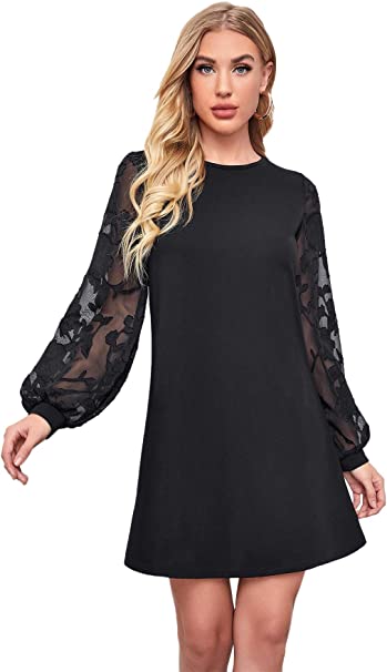 DIDK Women's Mesh Long Sleeve Pullover Tunic Dress