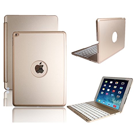 iPad Air 2 Keyboard Case, KVAGO Ultra Thin Alumium Hard Shell Case 7 colors Back-lit Wireless Bluetooth Keyboard Carrying Case for Apple iPad Air 2 Gen (Champagne Gold)