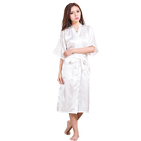 Women's Satin Pure Colour Long Kimono Robes with Oblique V-Neck