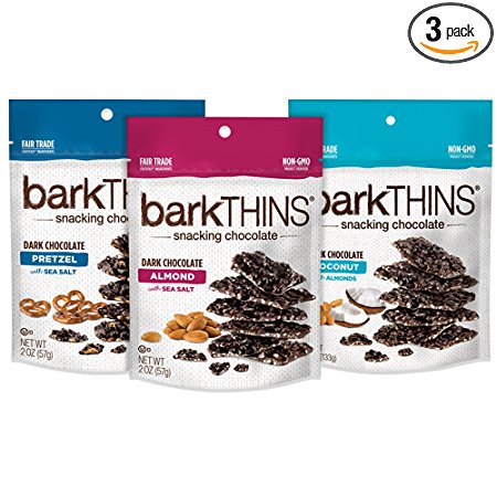 barkTHINS Snacking Dark Chocolate Variety Pack (Almond with Sea Salt, Pretzel with Sea Salt, Coconut with Almonds) 4.7 Ounce Bags (3 Count)