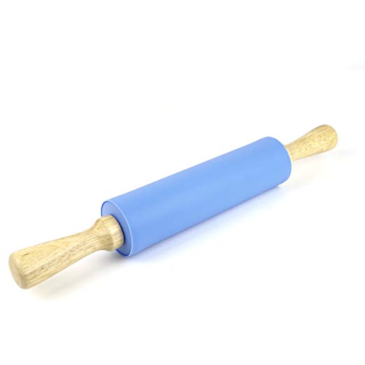 Remeel Silicone Rolling Pin Non-Stick Surface Wooden Handle (Blue, 15 inch)