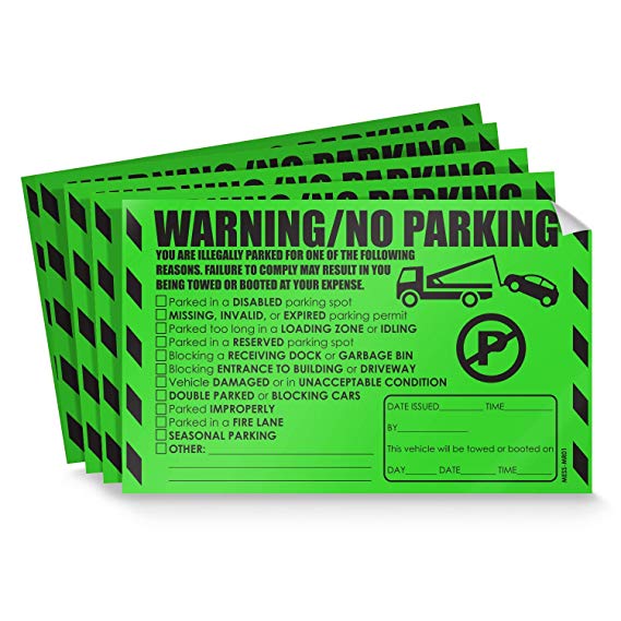 Parking Violation Stickers for Cars (Fluorescent Green) - 50 Illegal Warning Reserved, Handicapped, Private Parking and More/No Parking Hard to Remove and Super Sticky Tow Warnings 8” x 5” by MESS