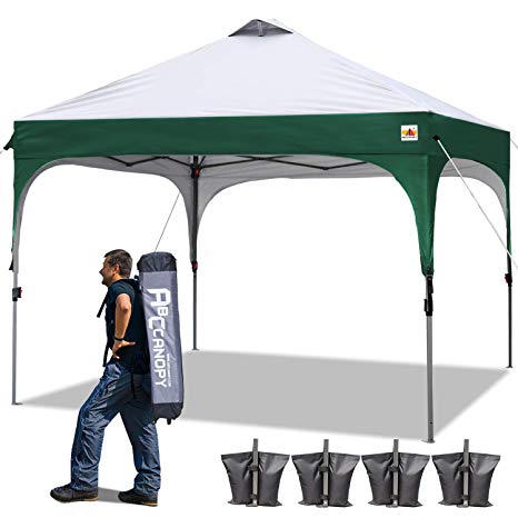 ABCCANOPY Pop-up Canopy Tent 10 x 10 Commercial Canopies Better Air Circulation Beach Canopy Tents with Wheeled Carry Bag, 4 x Ropes& 4 x Stakes, Bonus 4 Weight Bags, Forest Green with Gray