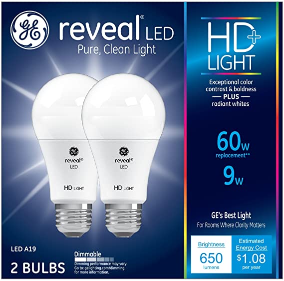 GE Lighting Reveal LED 9-watt (60-watt Replacement), 650-Lumen A19 Light Bulb with Medium Base, 2-Pack