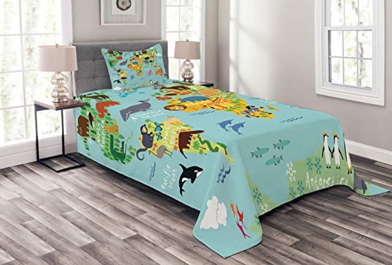 Ambesonne Wanderlust Bedspread, Animal Map of The World for Children Kids Cartoon Mountains Forests, Decorative Quilted 2 Piece Coverlet Set with Pillow Sham, Twin Size, Pale Blue