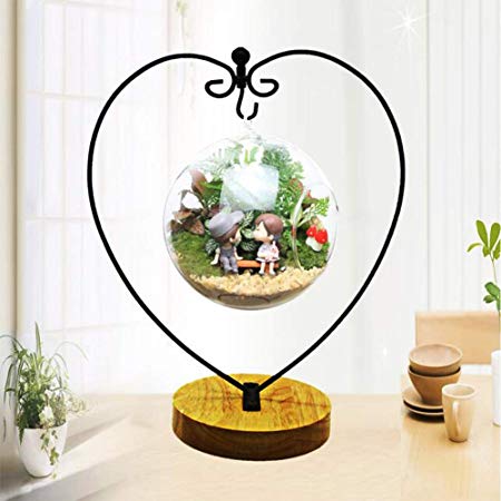 Ornament Display Stand Iron Pothook Stand for Hanging Glass Terrarium with Wood Base Creative Decoration for Home Garden Wedding Party Festival (Heart)