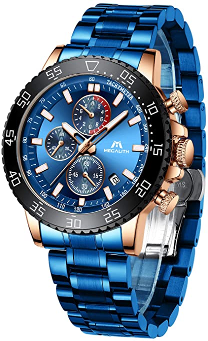 MEGALITH Mens Chronograph Watches Stainless Steel Man Waterproof Watch Luminous Gent Wristwatches for Men Fashion Business Classic Analog Quartz Date Watches