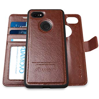 AMOVO Pixel 3 Wallet Case [2 in 1] Google Pixel 3 Case Wallet [Detachable Folio] [Kickstand] [Card Slot] [Magnetic Clasp] Flip Case Cover for Google Pixel 3 with Gift Box Package (Pixel 3, Brown)