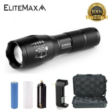 EliteMax Best and Brightest 1000 Lumens Tactical LED Flashlight CREE XML T6, 18650 Lithium Ion Battery and Charger, Zoomable Adjustable Focus 5 Modes Strobe SOS - Water Resistant Outdoor Torch