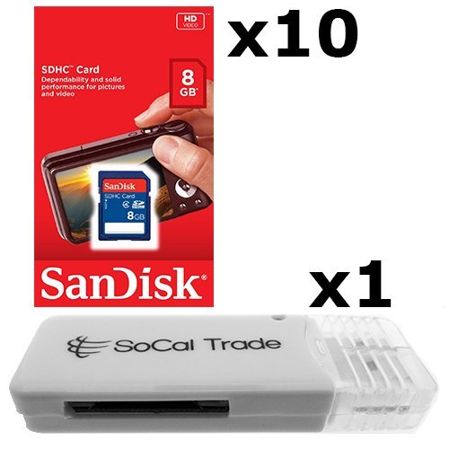 10 PACK - SanDisk 8GB SD HC Class 4 Secure Digital High Speed SDHC Flash Memory Card SDSDB-008G 8G 8 GB GIGS (S.B8.RTx10.562) LOT OF 10 with USB SoCal Trade© SCT SD Memory Card Reader - Retail Packaging