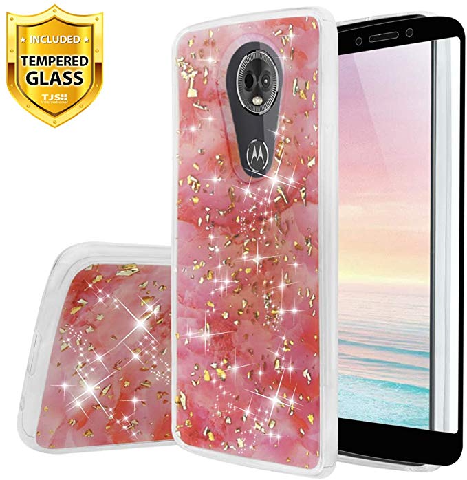 TJS Motorola Moto E5 Plus / E5 Supra/E Plus 5th Gen Case, with [Full Coverage Tempered Glass Screen Protector] Shiny Marble Glitter Slim Back Skin Body Protective Soft TPU Rubber Bumper Case (Pink)