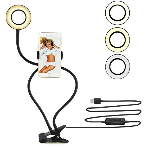 Jwxstore Selfie Ring Light with Cell Phone Holder Stand for Live Stream, Youtube, Facebook and Makeup, LED Night Light Clamp on Lazy Bracket with Flexible Long Arms for iPhone and Android Phone