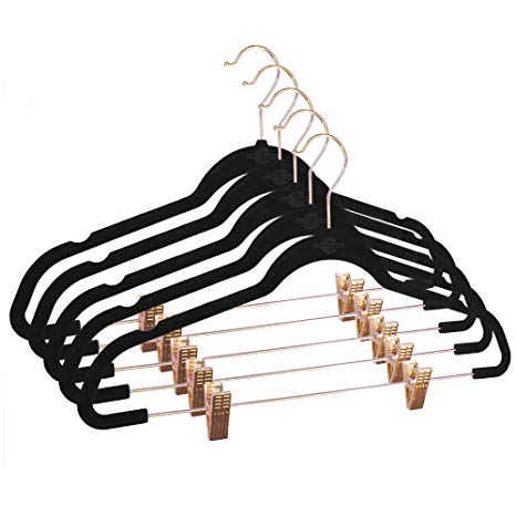 Closet Complete Ultra-Thin No Slip Velvet Pants and Skirt Hangers with Clips, 5 Pack Rose Gold Hook, Black