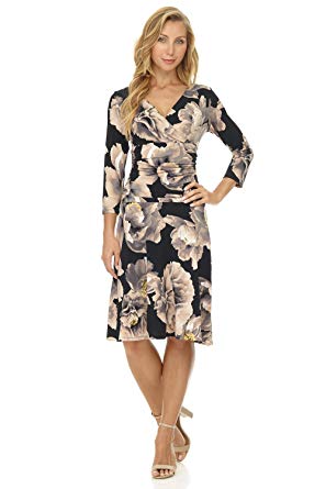 Rekucci Women's Slimming 3/4 Sleeve Fit-and-Flare Crossover Tummy Control Dress