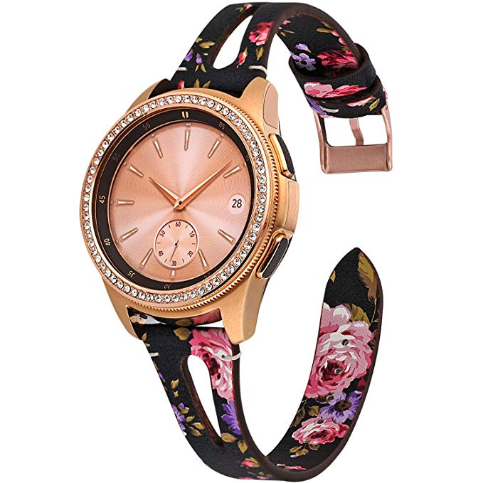 Greaciary Flower Band Compatible with Galaxy Watch Active Bands/Galaxy Watch 42mm/Gear Sport Bands,20mm Slim Genuine Leather Watch Strap Replacement Wristband Compatible Galaxy Watch 42mm