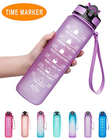 Venture Pal 32oz/22oz Motivational Fitness Sports Water Bottle with Time Marker & Straw, Large Wide Mouth Leakproof Durable BPA Free Non-Toxic