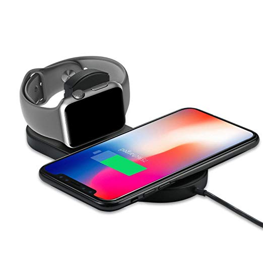 2 in 1 Wireless Charger Compatible for iWatch/iPhone, Wireless Charging Pad Qi Fast Wireless Charging Compatible for Apple Watch Series 4/3/2/1 iPhone 11 /Pro Max/Xs/Max/XR/X/8 Plus/8 (Black)