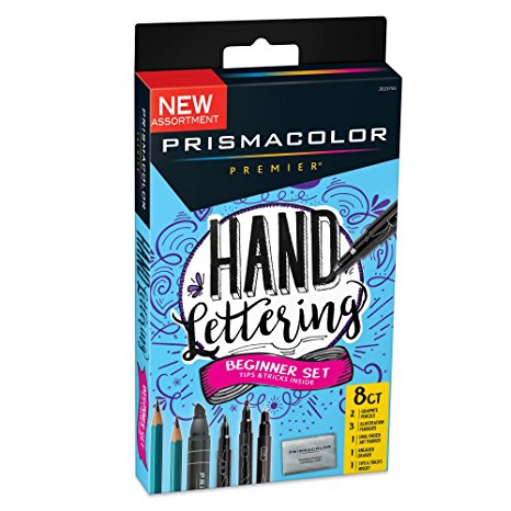 Prismacolor Premier Beginner Hand Lettering Set with Illustration Markers, Art Markers, Pencils, Eraser and Tips Pamphlet, 8 Count