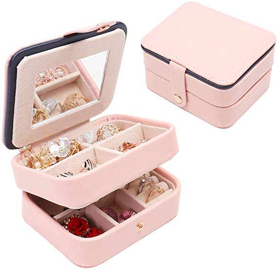 ELFTUNE Small Travel Jewelry Box Organizer Portable Jewelry, Earring Holder and Ring Storage Case for Travel with Premium Velvet Lining (Pink)