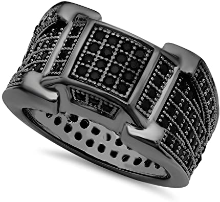 The Bling Factory Black Plated Micro-Pave Iced Out Cubic Zirconia Band Ring   Microfiber