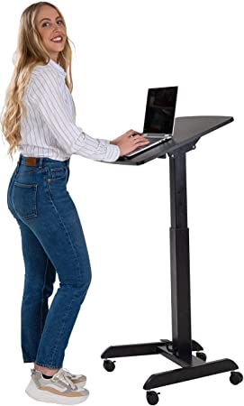 SUN-FLEX Pneumatic Gas Spring Foldable Foot Pedal Activated Height Adjustable Sit-Stand Mobile Laptop Computer Desk Rolling Notebook Table with Lockable Wheels (32.3" to 46.9" H), Black