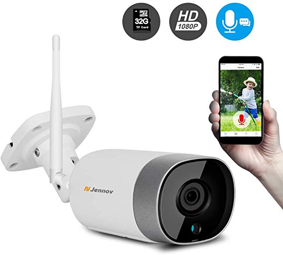 Jennov Wireless IP Security CCTV Camera 1080P Outdoor WiFi Home Surveillance Video Cameras Two Way Audio Night Vision With Pre-installed 32G MicroSD Card,Remote Access, Motion Detection,Free APP