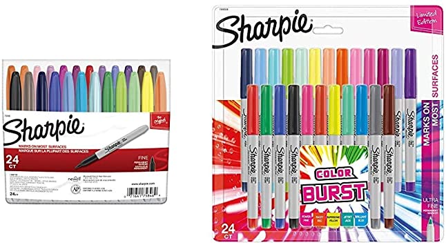 Sharpie 75846 Permanent Markers, Fine Point, Assorted Colors, 24-Count & 1949558 Color Burst Permanent Markers, Ultra Fine Point, Assorted Colors, 24-Count