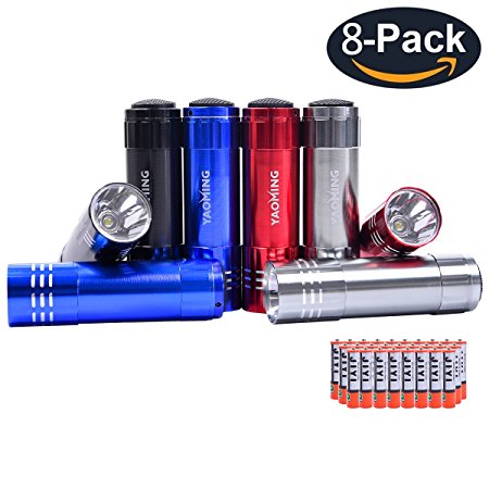 YAOMING Super Bright Mini LED Flashlights (8 Pack) Small Pocket Size Flashlight with 24 AAA Batteries