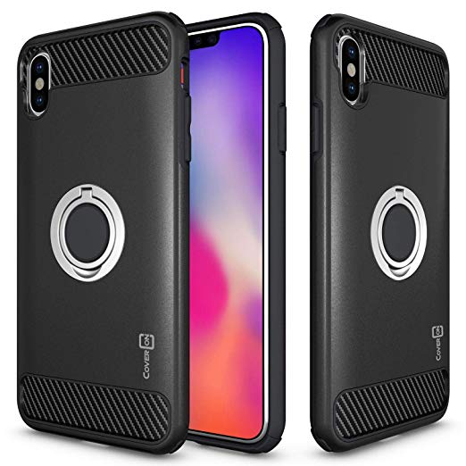 CoverON RingCase Series iPhone XS Max Case with Ring Holder, Protective Dual Layer Phone Cover with Carbon Fiber Style Accents for iPhone XS Max (6.5") - Black