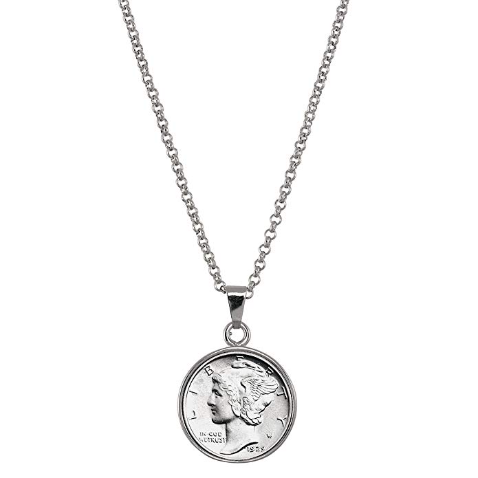 American Coin Treasures Silver Mercury Dime Silvertone Coin Pendant with 18" Chain Necklace - Genuine and Elegant Keepsake Jewelry for Women | White Luxury Gift Box Included