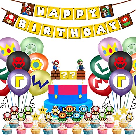 Mario Birthday Party Supplies,Mario Decorations Include Cake Topper, Cupcake Toppers, Banner, Balloons