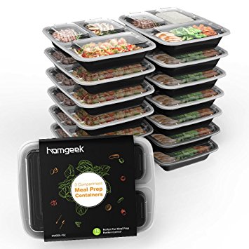 Homgeek 15-Pack Meal Prep Containers 3 compartment BPA-FREE Food Storage Stackable Reusable Microwave Dishwasher & Freezer Safe Bento Lunch Boxes With Airtight Leads for Portion Control