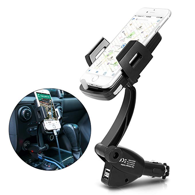 Car Mount, 3-in-1 Universal Cigarette Lighter Car Phone Charger Holder with Dual USB 3.1A Car Charger for GPS, iPhone, Samsung, HTC and More Smartphones