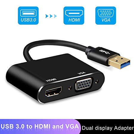 USB 3.0 to HDMI VGA Adapter, ZAMO 1 in 2 USB 3.0 to HDMI VGA 1080p Dual Output Converter, 5 Gbps SuperSpeed USB 3.0 Converter Support HDMI VGA Sync Output for Windows 10/8/7 Only