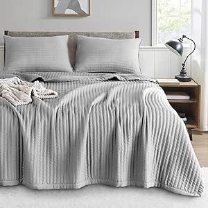 KASENTEX Gull Grey Queen Size Quilt Bedding Sets with Pillow-Shams, Lightweight Soft Bedspread, Durable Quilted Blanket Thin Comforter Bed Cover, All Season Summer Spring, 3 Pieces, 90x90 inches