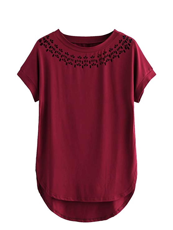 Romwe Women's Scalloped Hem Curved Stretchy Short Sleeve Blouse T-Shirt Top