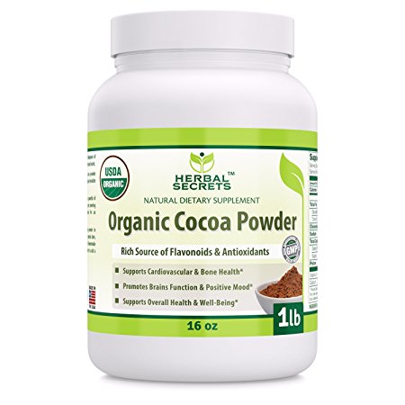 Herbal Secrets USDA Certified Organic Cocoa powder 16 oz 1lb - Non GMO , Gluten free, Raw , Kosher , Vegan- Supports cardiovascular