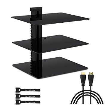 Three Floating DVD DVR Shelf – 3x Wall Mount AV Shelves (15x11 inch) with Strengthened Tempered Glass - for PS3, PS4, Xbox One, Xbox 360, TV box & Cable Box - Bonus 6" Slim HDMI Cable by PERLESMITH